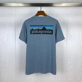 Серо-синяя футболка Patagonia c карманом на груди и принтом на спине