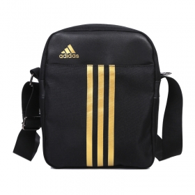 Adidas чёрная сумка с жётыми полосками и кожаной вставкой