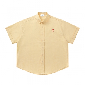 Оверсайз желтая с вышитым лого AMI рубашка с отложным воротником