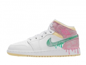 Белые с розовым и зеленым кроссовки Air Jordan Mid кожа