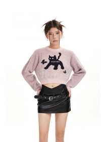 Женский Punch Line розовый короткий свитер с круглым вырезом горловины