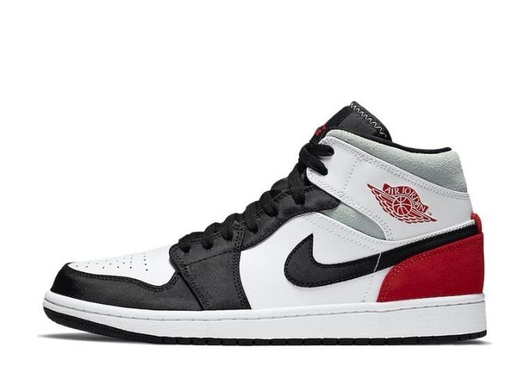 Белые с черным и красной пяткой кроссовки Air Jordan Mid