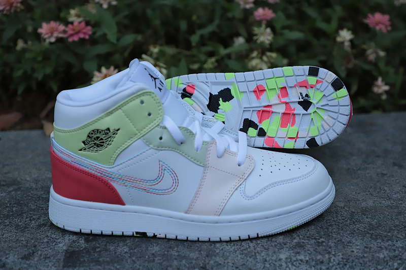 Белые с розовыми и зелеными вставками кроссовки Air Jordan Mid