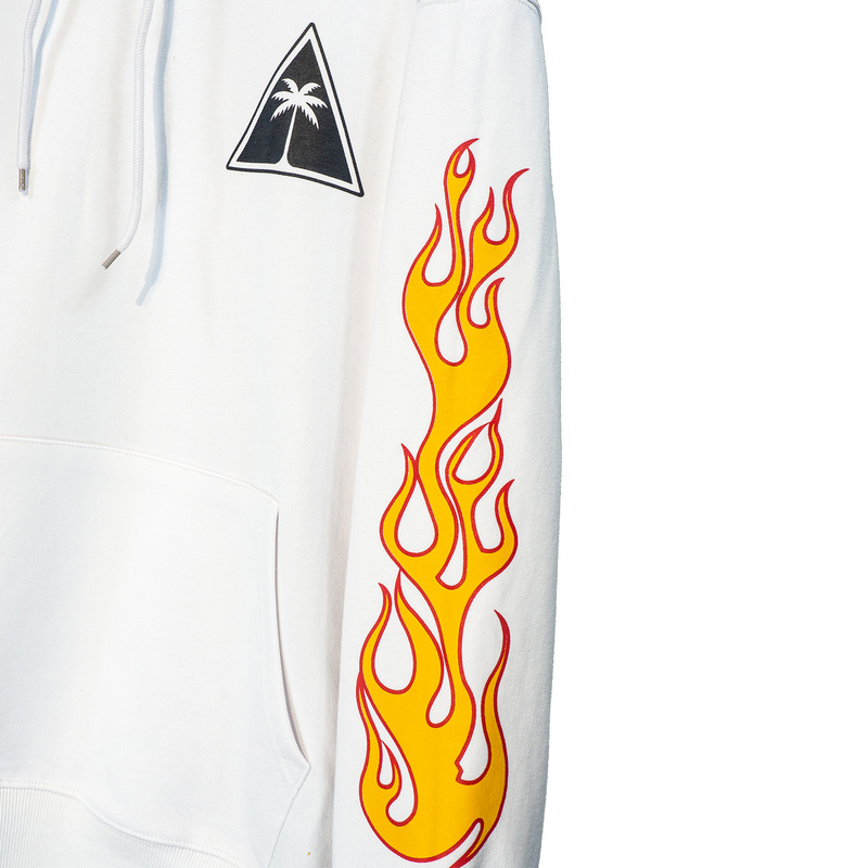 Белое худи PALM ANGELS с принтом "огонь" на рукавах и лого