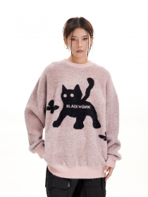 Удлинённый розовый свитер от Punch Line с принтом по центру "Кот"