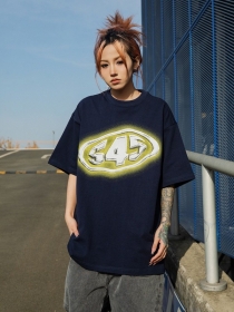 Оверсайз футболка SSB темно-синего цвета с принтом S45 на груди