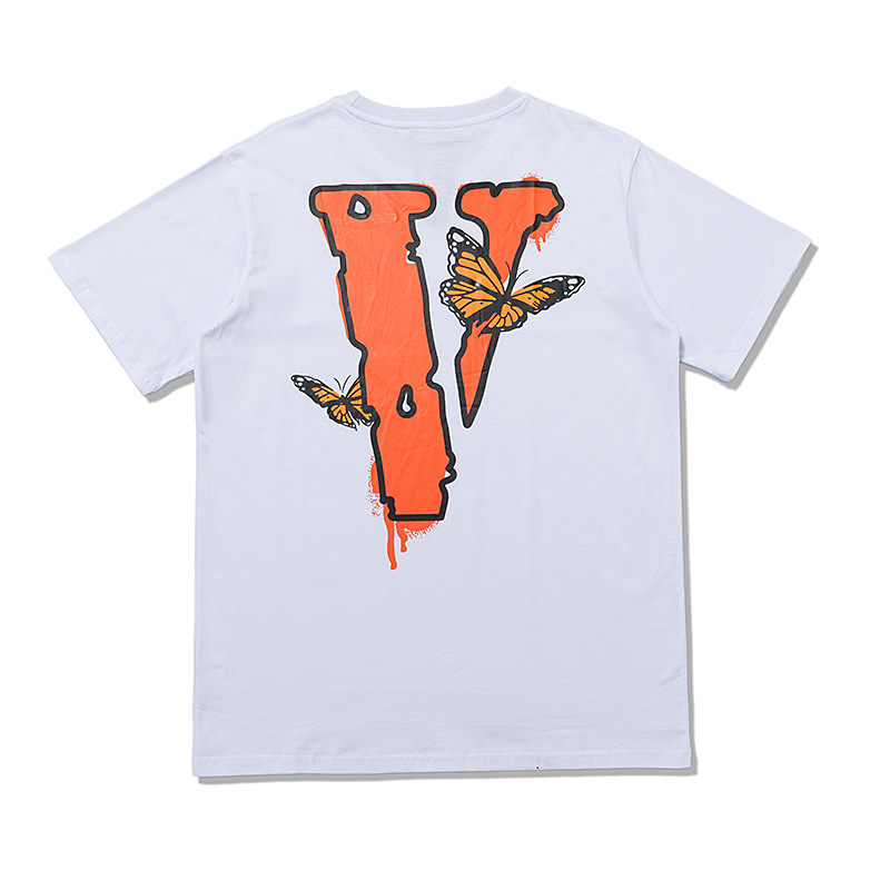 Белая футболка VLONE с оранжевым логотипом и принтом