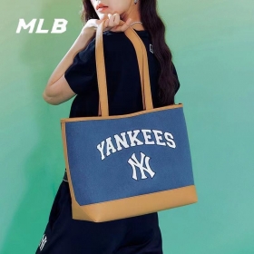 MLB большая женская сумка в синем цвете с кожаными вставками