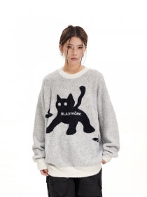 Серый с принтом - котик Punch Line свитер с трикотажными манжетами