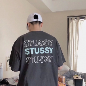 Серая Stussy футболка оверсайз/унисекс с надписью на спине 