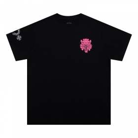 Модная Chrome Hearts унисекс чёрная футболка с розовым рисунком