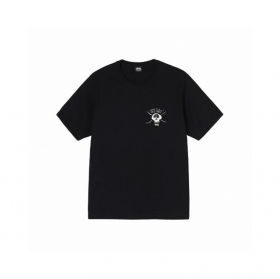 Трендовая черная футболка STUSSY с большим принтом "череп" на спине