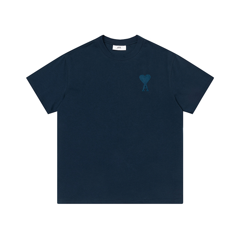 Тёмно-синяя футболка AMI  с логотипом,  оверсайз, материал - хлопок 