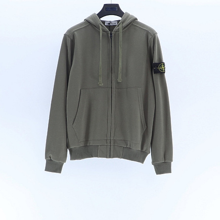 Серо-зелёный классический зип худи Stone Island с патчем на левом рукаве