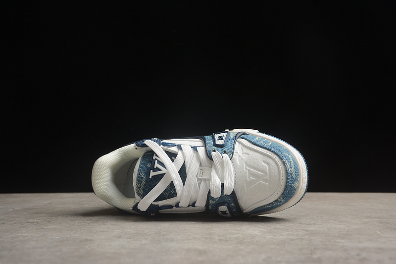 Джинсовые с кожаными вставками синие Louis Vuitton Trainer кроссовки