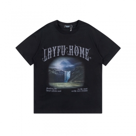 Универсальная чёрная Layfu футболка с принтом "Горы и водопад"  