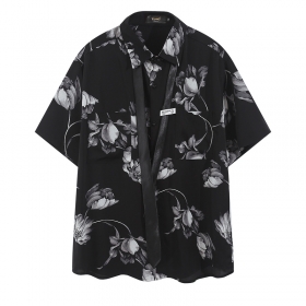 Черная рубашка бренда YUXING с принтом в виде серых цветов