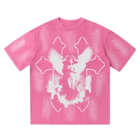 Розовая с крестом и ангелом футболка SUCKMY со спущенными рукавами