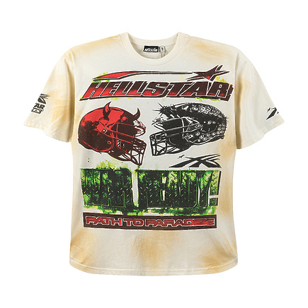Бежевая с множеством принтом оверсайз футболка Hellstar