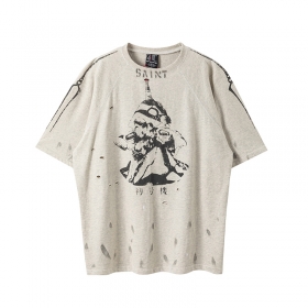 Серо-бежевая с потертостями футболка Saint Michael с широкой проймой