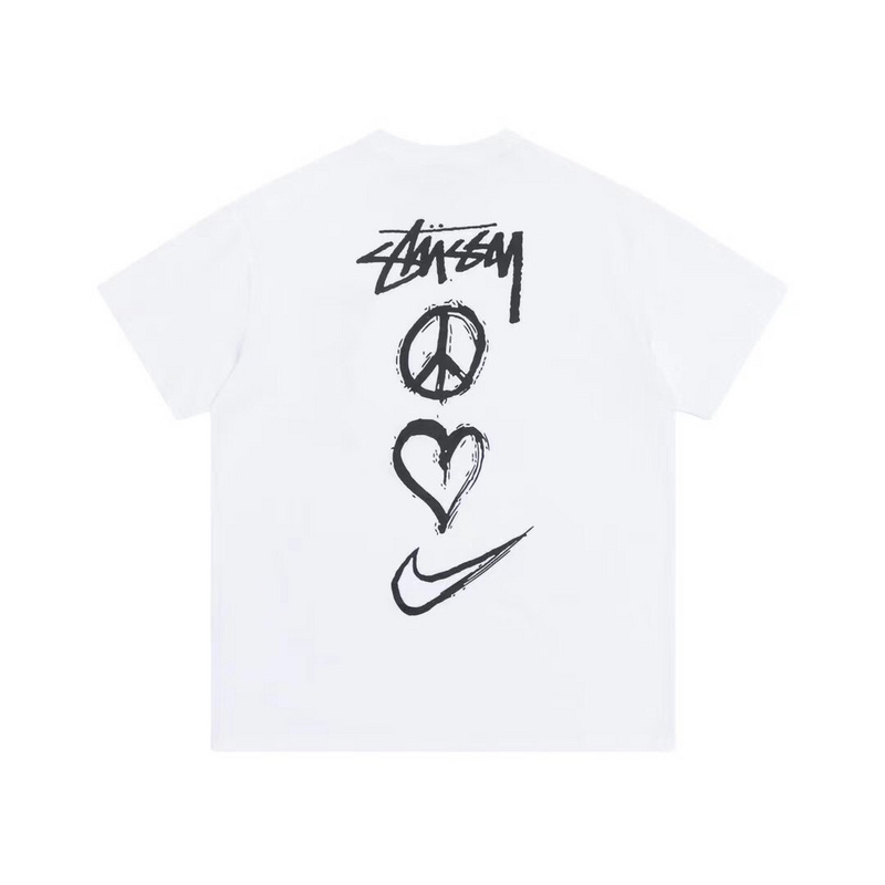 Белая футболка Nike x Stussy с чёрным принтом спереди и сзади 