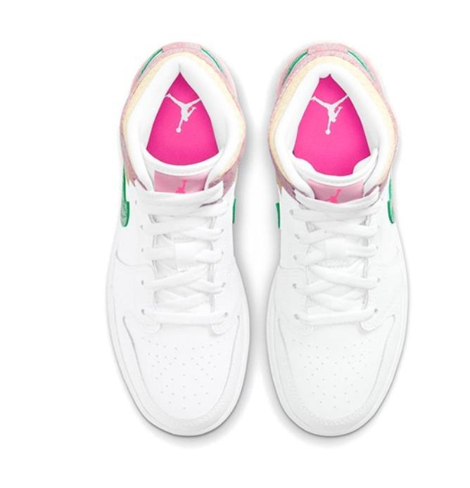 Белые с розовым и зеленым кроссовки Air Jordan Mid кожа