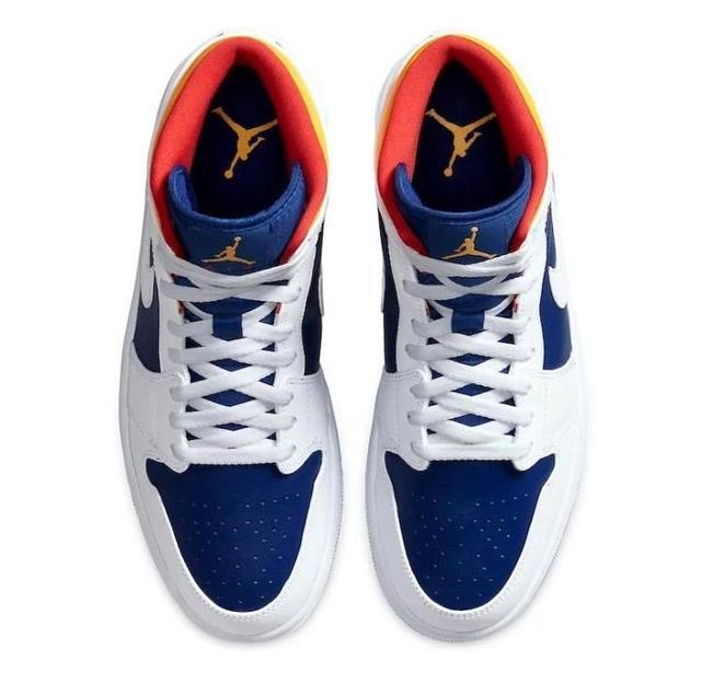 Белые с синим кроссовки Air Jordan Mid кожа