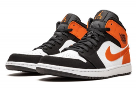 Черно-белые с оранжевым кроссовки Air Jordan Mid кожа