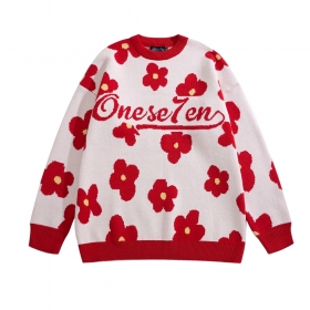 Оверсайз элегантный красный свитер Onese7en с цветочным принтом и лого