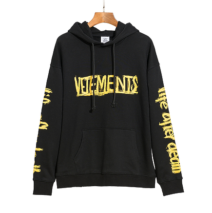 Удлиненное черное хлопковое худи VETEMENTS WEAR с желтым текстом