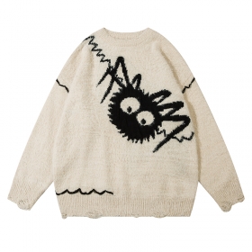 Эффектный молочный свитер от бренда ANBULLET с принтом черных пауков