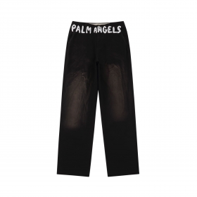 Черные штаны Palm Angels с потертостями спереди и надписями на поясе