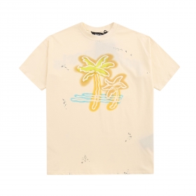 Хлопковая футболка Palm Angels кремового цвета с желтыми пальмами