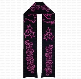 Чёрный с фиолетовыми звёздами и черепами вязанный длинный шарф