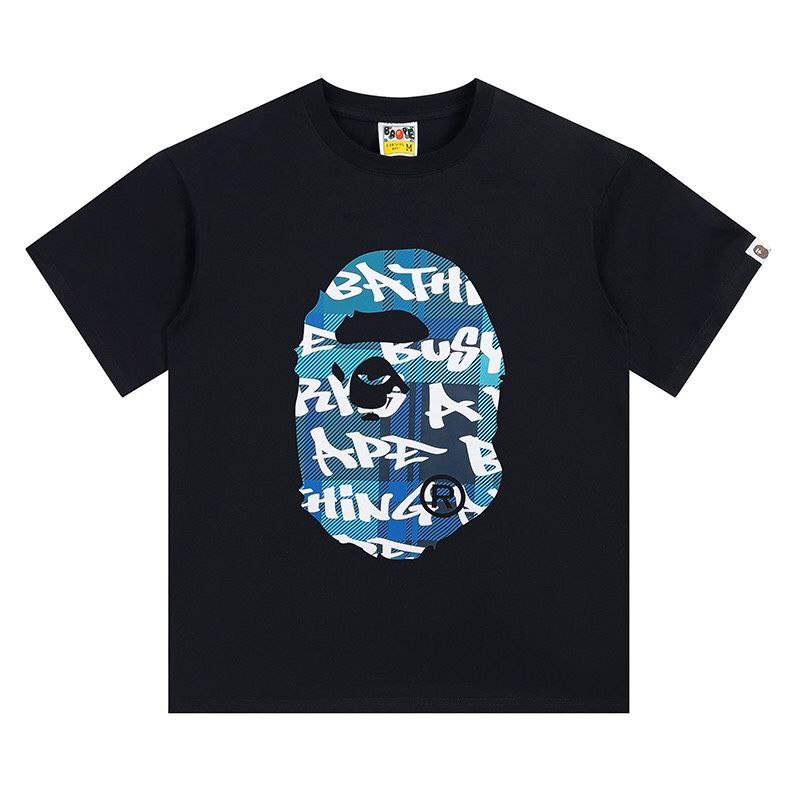 Стильная чёрная футболка Bape с голубым принтом обезьяны с 2-ух сторон