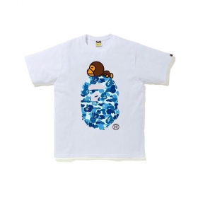 Хлопковая белая футболка Bape с голубым принтом и обезьянкой на груди