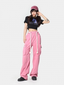 Розовые штаны OREETA с карго-карманами на молнии и верёвкой на талии