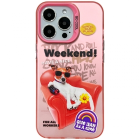 Розовый чехол для телефонов iPhone с рисунком собаки в кресле и очках