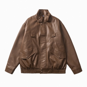 ACUS коричневого цвета куртка с воротником стойка из эко кожи