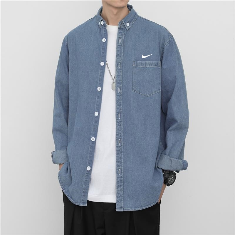 Стильная синяя джинсовая рубашка с воротником-отложенным с лого Nike
