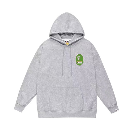 Худи серое с лого Bape и наименованием бренда на спине зеленого цвета